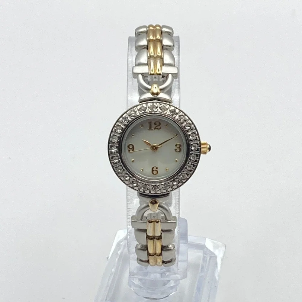 Valetta Women's Watch 25mm Matte Silver Gold Two Tone Crystals New Battery 6.5